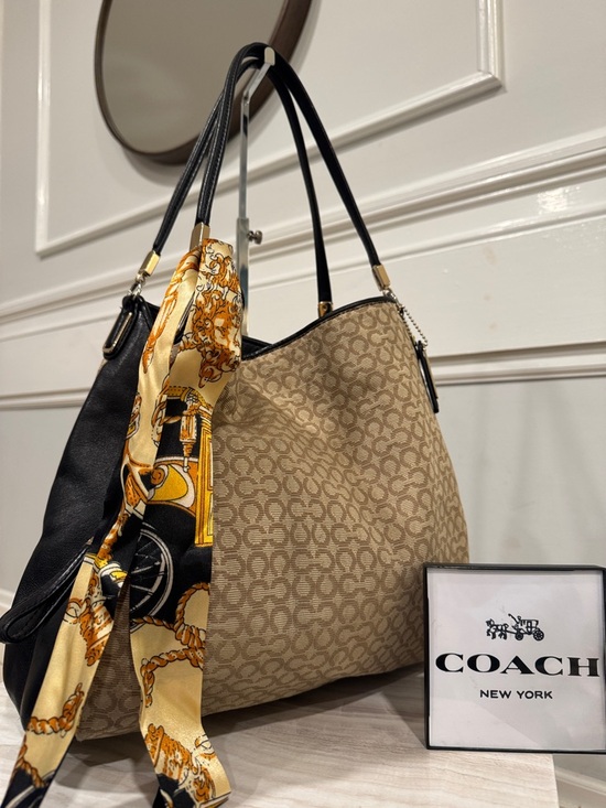 Coach Handbags - Coach Madison Signature Canvas Leather Black Tan Shoulder Bag